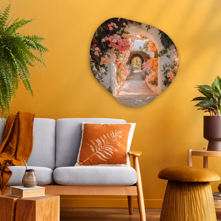 Doorkijk - Boog - Bloemen - Pastel Wandcirkel Organisch Aluminium middel -sfeer4