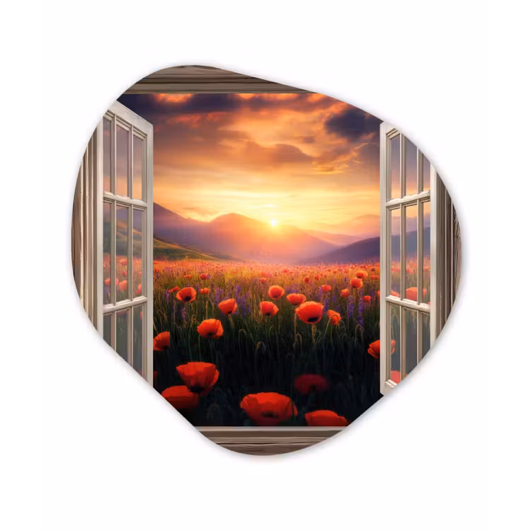 Doorkijk - Klaprozen - Bloemen - Rood - Open raam Wandcirkel Organisch Aluminium middel -3d