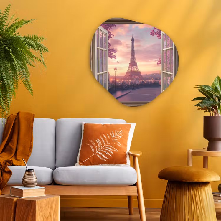 Doorkijk - Parijs - Eiffeltoren - Roze - Kersenbloesem Wandcirkel Organisch Aluminium middel -sfeer4