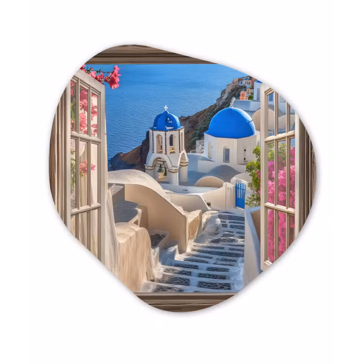 Doorkijk - Santorini - Landschap - Blauw - Grieks Wandcirkel Organisch Aluminium middel -3d