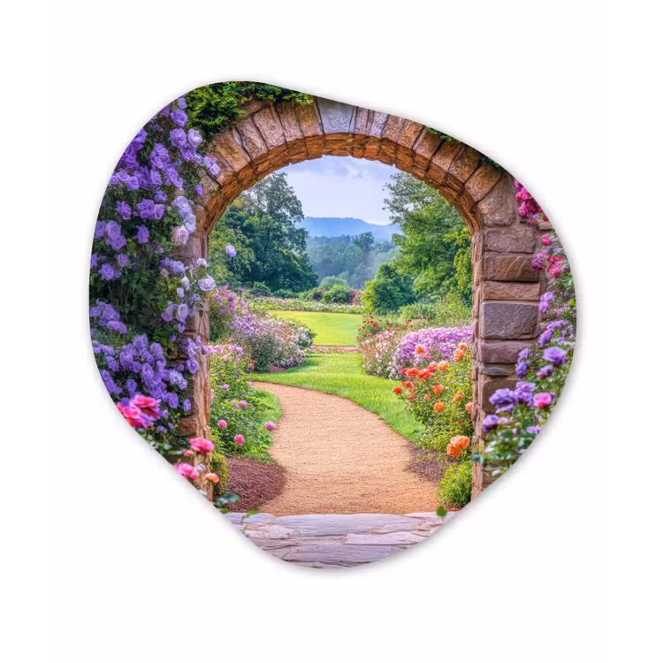 Doorkijk - Poort - Bloemen - Tuin Wandcirkel Organisch Aluminium middel -3d