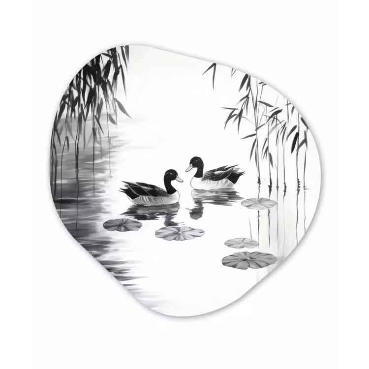 Eenden - Waterlelies - Riet - Zwart Wandcirkel Organisch Aluminium middel -3d
