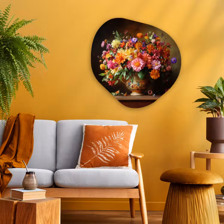 Kleuren - Boeket - Vaas - Hout Wandcirkel Organisch Aluminium middel -sfeer4