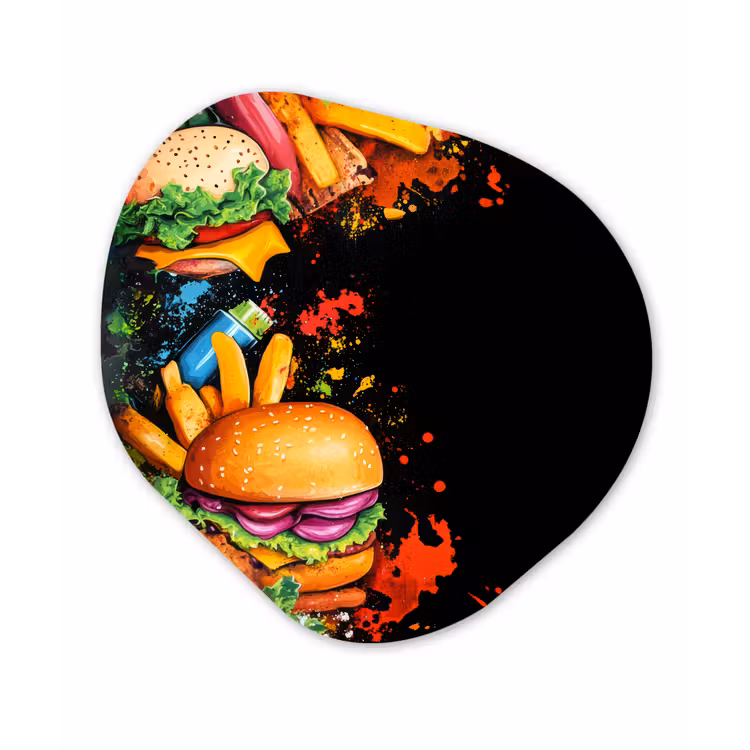 Fastfood - Graffiti - Hamburger - Eten - Modern Wandcirkel Organisch Aluminium middel -3d