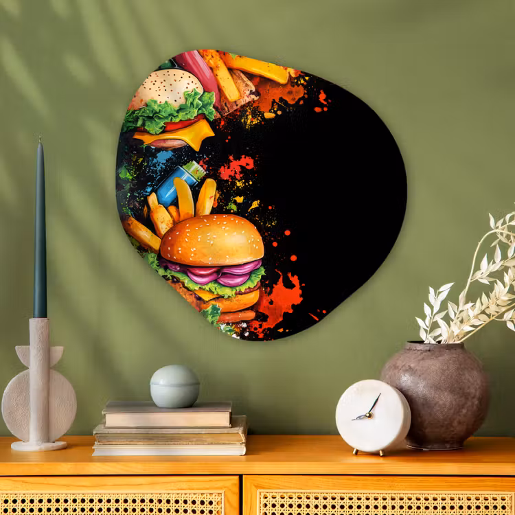 Fastfood - Graffiti - Hamburger - Eten - Modern Wandcirkel Organisch Aluminium middel -sfeer2