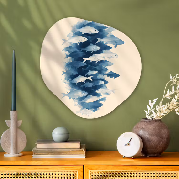 Vissen - Minimalistisch - Blauw Wandcirkel Organisch Aluminium middel -sfeer2