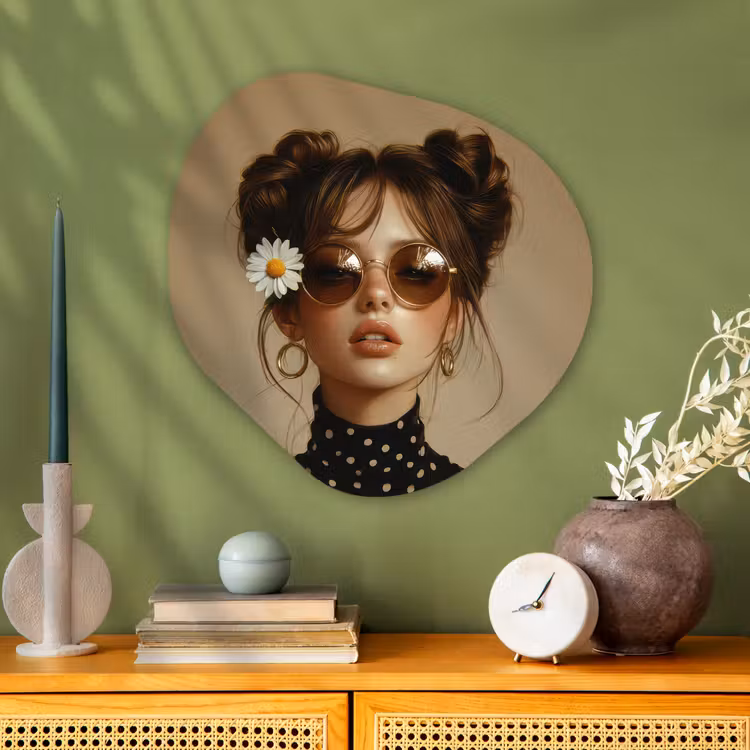 Vrouw - Beige - Bloem - Modern - Portret Wandcirkel Organisch Aluminium middel -sfeer2