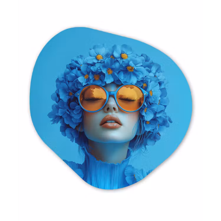Vrouw - Bloem - Blauw - Modern - Bril - Portret Wandcirkel Organisch Aluminium middel -3d