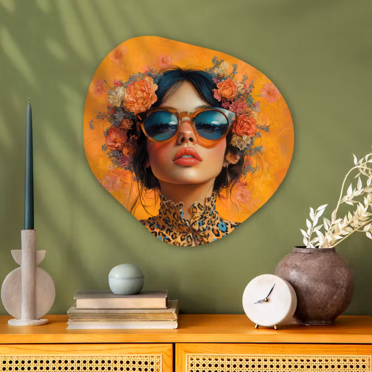 Vrouw - Bloemen - Aesthetic - Oranje Wandcirkel Organisch Aluminium middel -sfeer2
