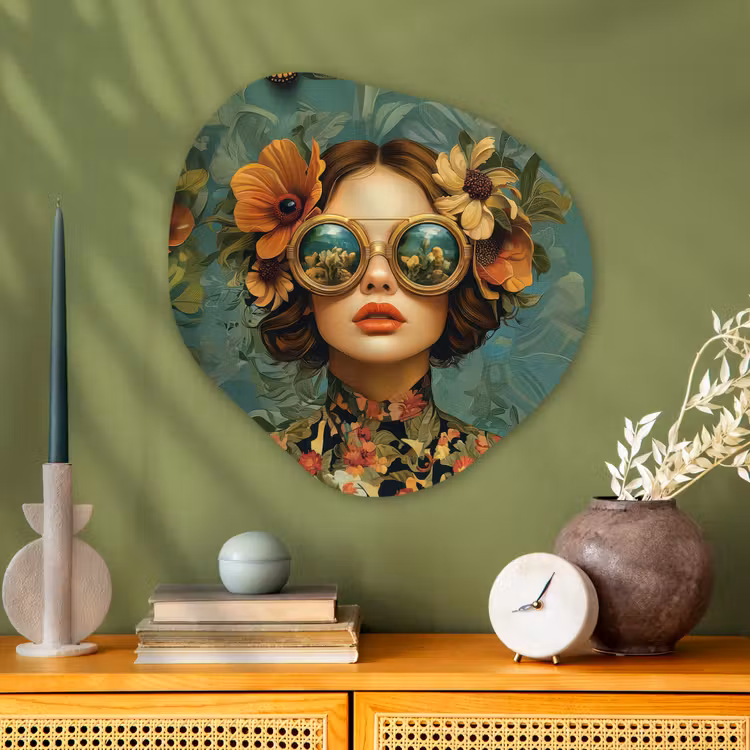 Vrouw - Bloemen - Vlinders - Natuur - Vintage Wandcirkel Organisch Aluminium middel -sfeer2