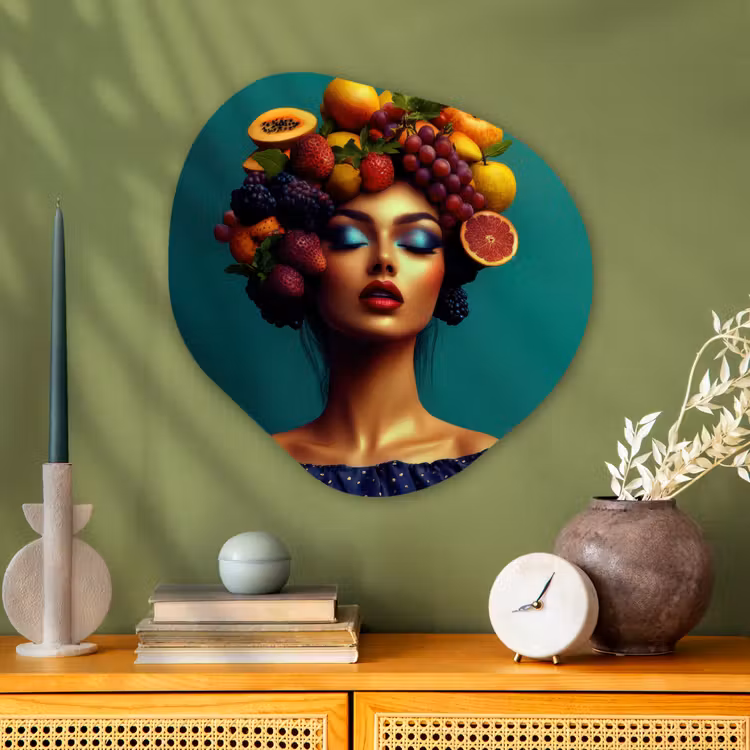 Vrouw - Hoodtooi - Tropisch - Fruit - Druiven Wandcirkel Organisch Aluminium middel -sfeer2