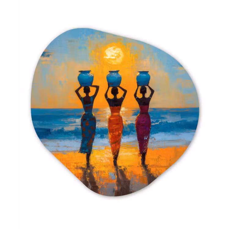 Vrouwen - Strand - Zondsondergang Wandcirkel Organisch Aluminium middel -3d