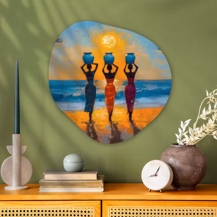 Vrouwen - Strand - Zondsondergang Wandcirkel Organisch Aluminium middel -sfeer2