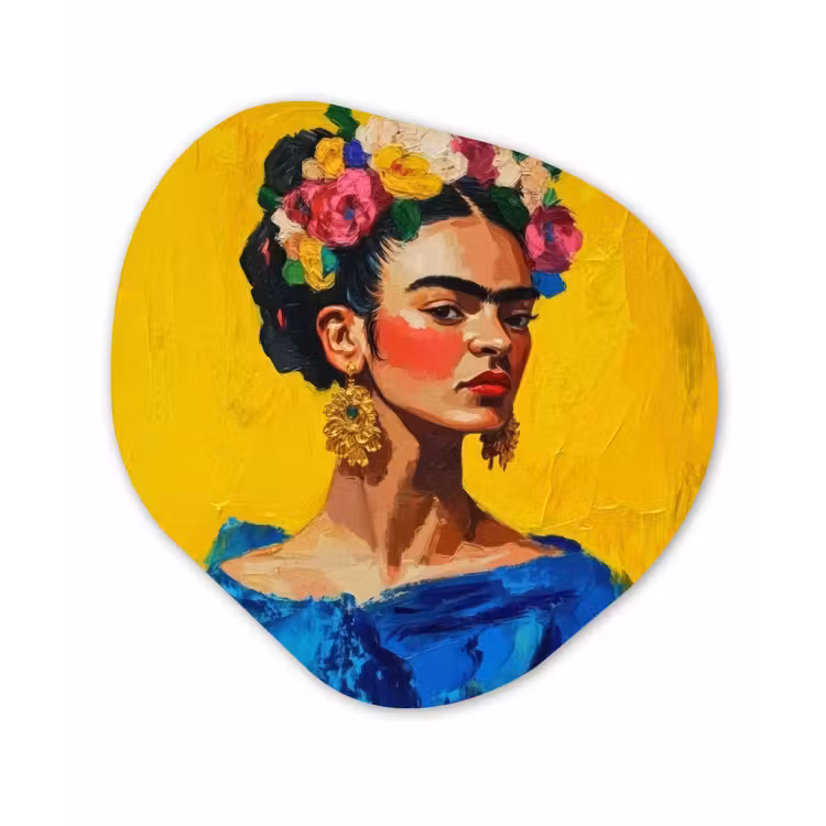 Frida Kahlo - Vrouw - Geel - Blauw - Bloemen Wandcirkel Organisch Aluminium middel -3d