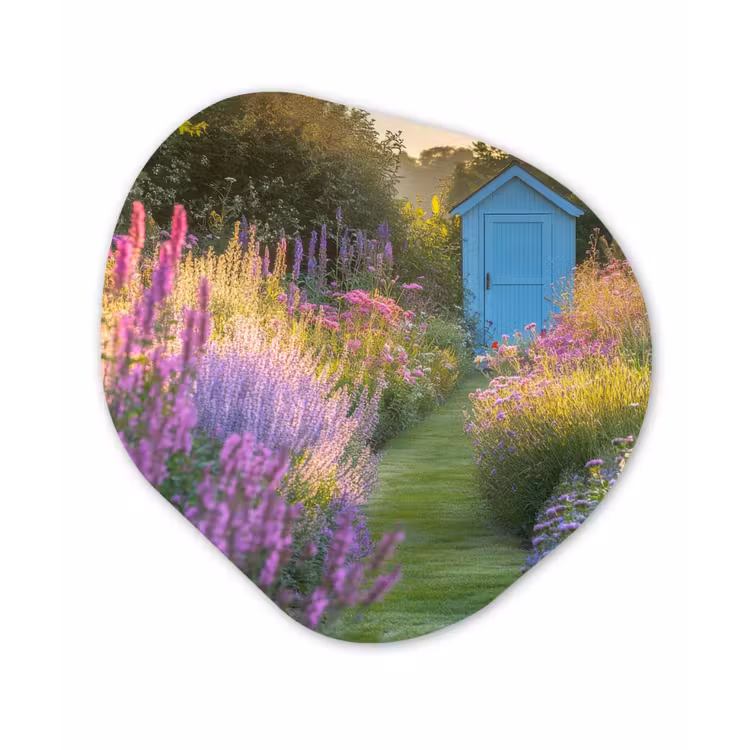 Tuinhuisje - Blauw - Bloemen Wandcirkel Organisch Aluminium middel -3d