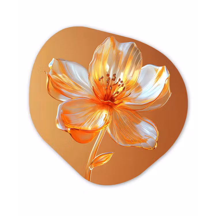 Glazen - Bloem - Oranje Wandcirkel Organisch Aluminium middel -3d