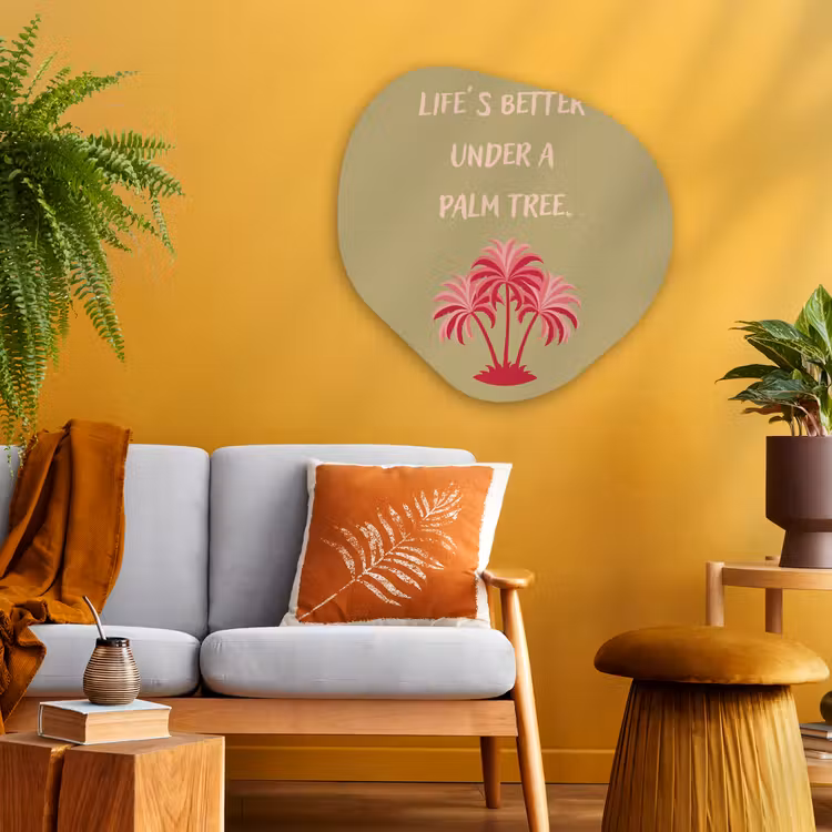 Groen - Zomer - Quote - Palmboom Wandcirkel Organisch Aluminium middel -sfeer4