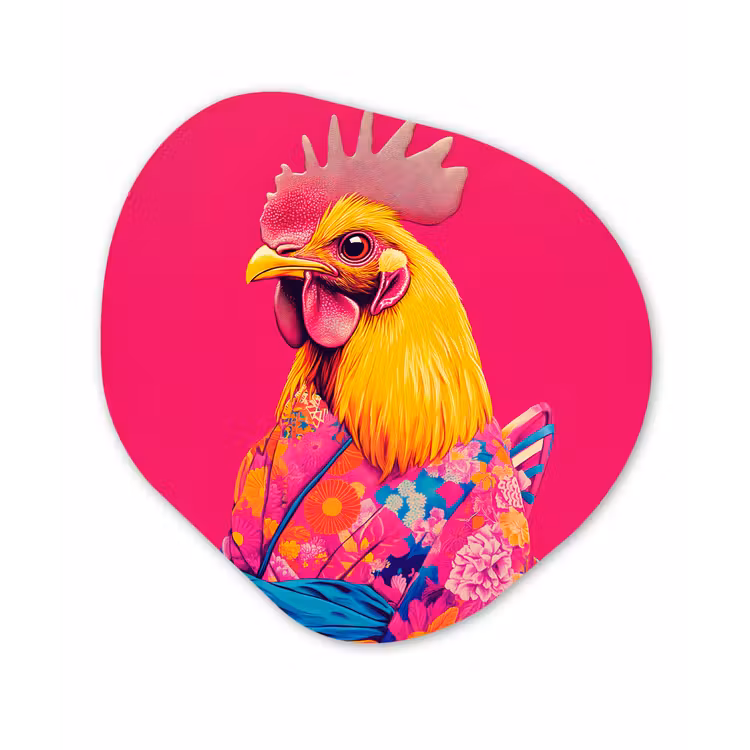 Haan - Kleurrijk - Kimono - Roze Wandcirkel Organisch Aluminium middel -3d