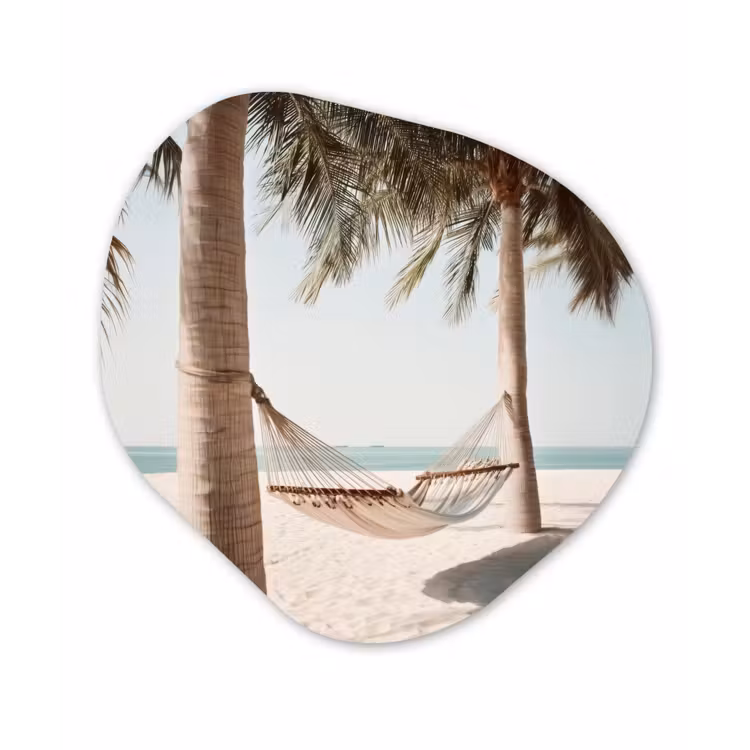 Hangmat - Palmbomen - Strand - Zee Wandcirkel Organisch Aluminium middel -3d