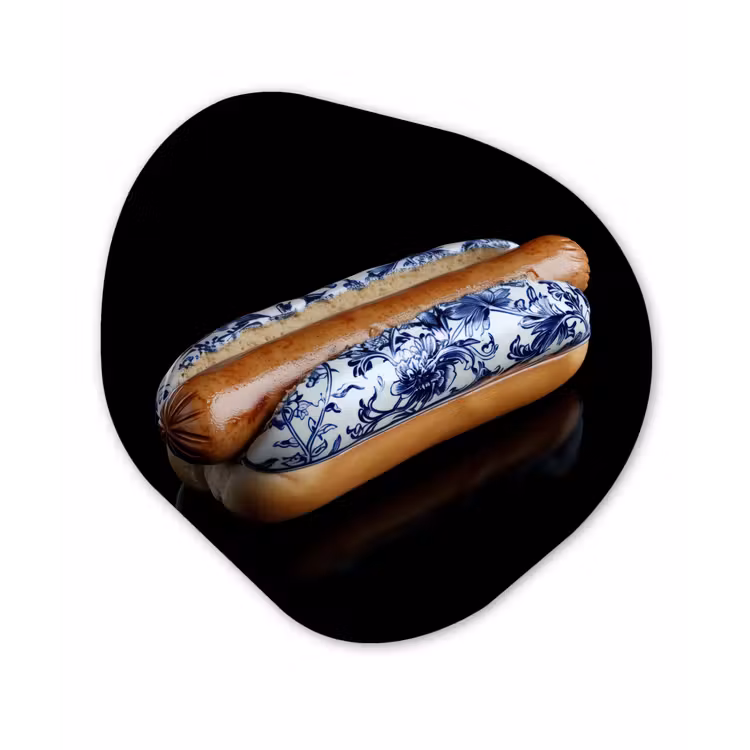 Hotdog - Porselein - Delfts blauw - Eten Wandcirkel Organisch Aluminium middel -3d