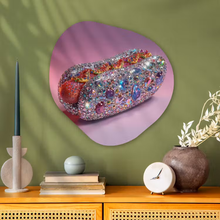 Hotdog - Steentjes - Glitters - Paars Wandcirkel Organisch Aluminium middel -sfeer2