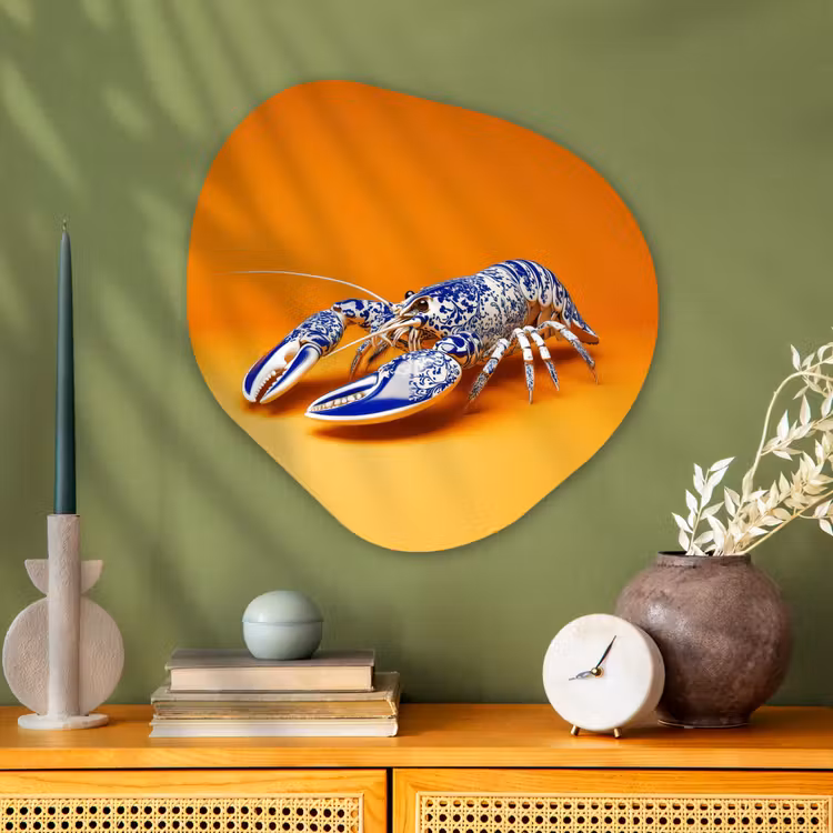 Kreeft - Delftsblauw - Schild - Stoer - Oranje Wandcirkel Organisch Aluminium middel -sfeer2