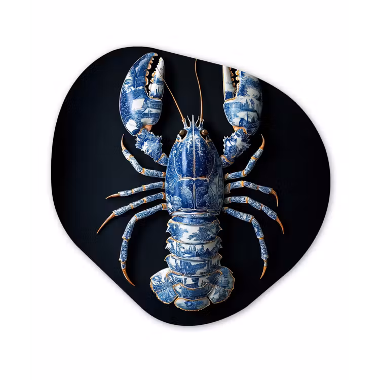 Kreeft - Delftsblauw - Schild - Stoer Wandcirkel Organisch Aluminium middel -3d