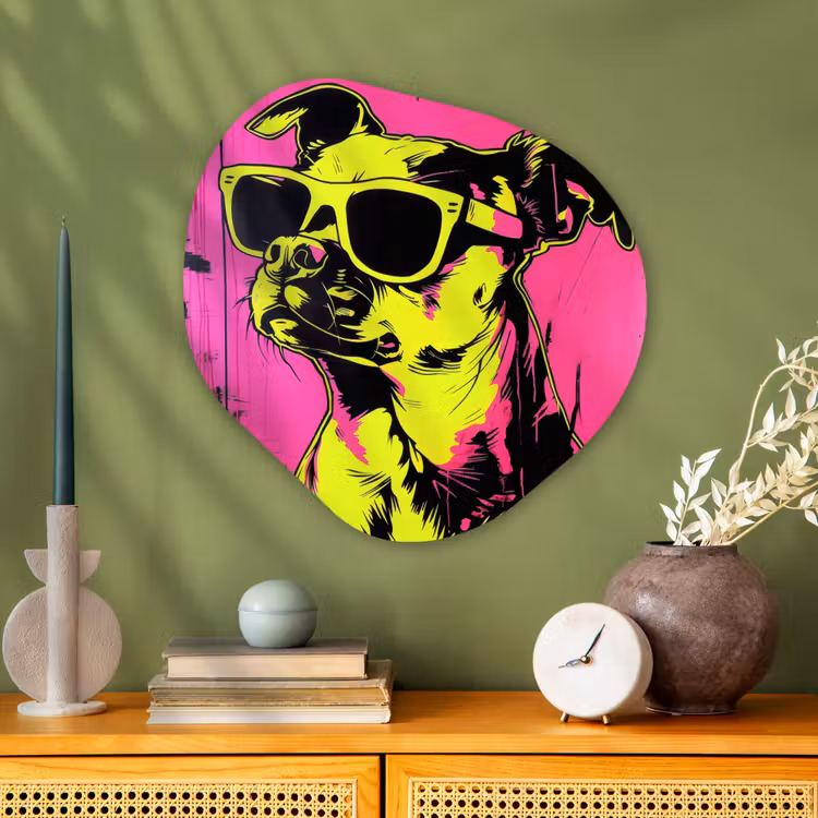 Hond - Zonnebril - Roze - Art Wandcirkel Organisch Aluminium middel -sfeer2