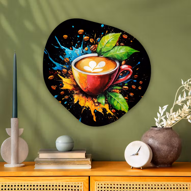 Koffie - Graffiti - Drinken - Abstract Wandcirkel Organisch Aluminium middel -sfeer2
