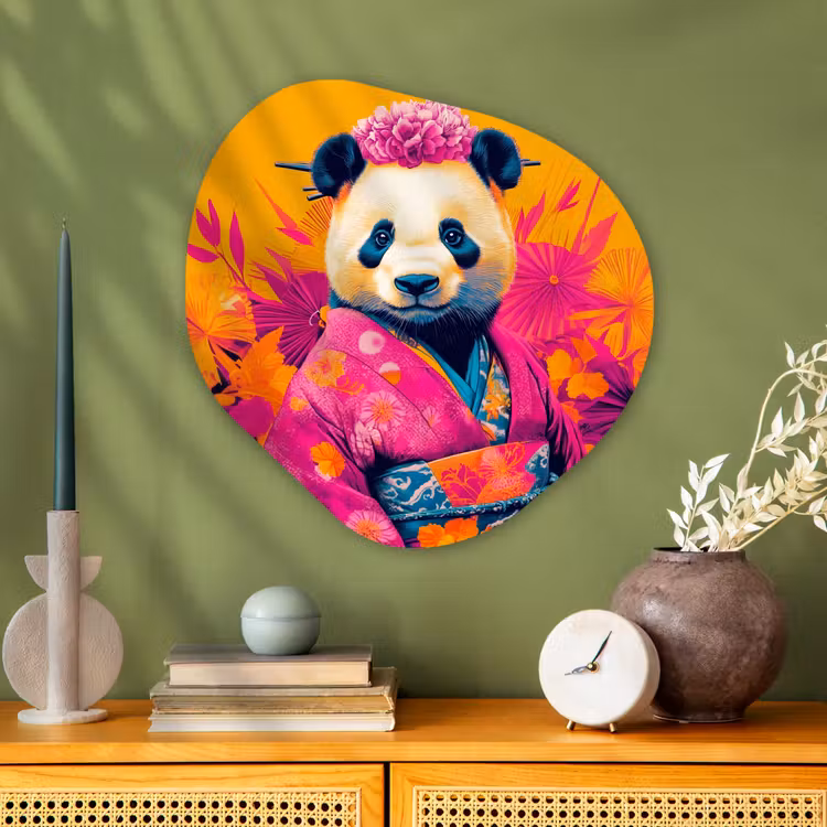 Kimono - Roze - Panda - Bloemenkroon Wandcirkel Organisch Aluminium middel -sfeer2