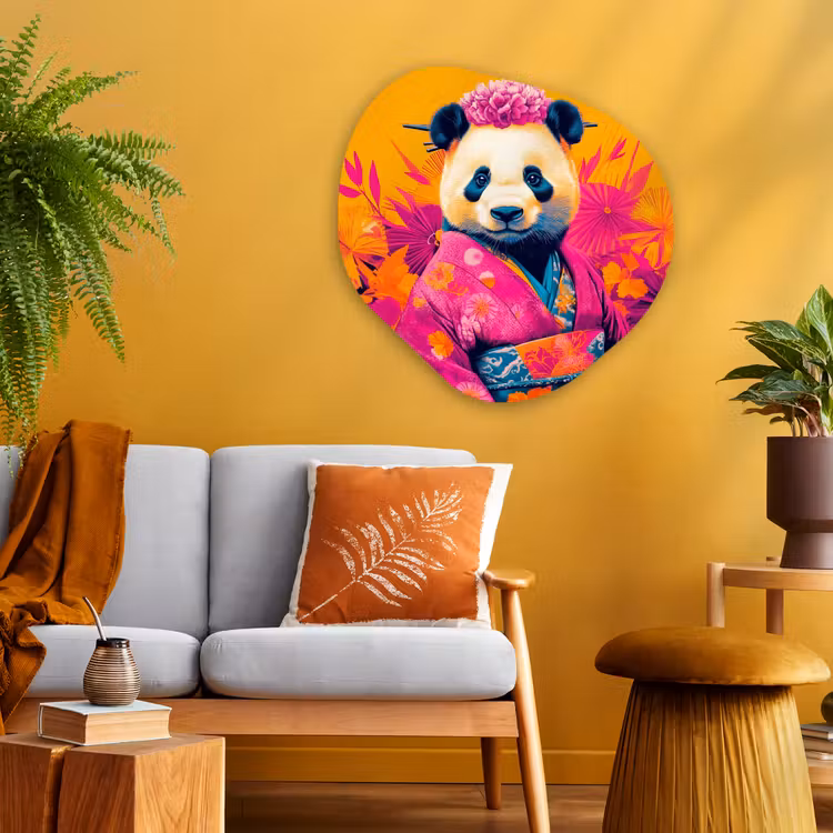 Kimono - Roze - Panda - Bloemenkroon Wandcirkel Organisch Aluminium middel -sfeer4