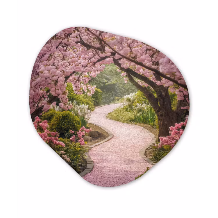Kersenbloesem - Natuur - Sakura - Pad - Japanse tuin Wandcirkel Organisch Aluminium middel -3d
