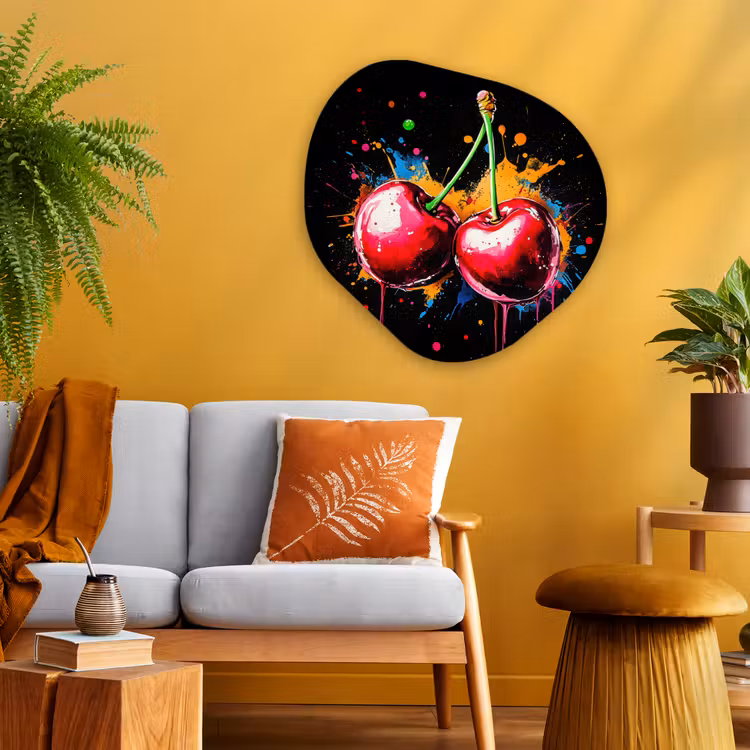 Kersen - Fruit - Graffiti - Verf - Abstract - Modern - Kleurrijk Wandcirkel Organisch Aluminium middel -sfeer4