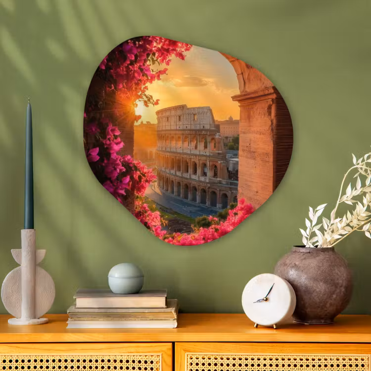 Colosseum - Rome - Roze Bloemen Wandcirkel Organisch Aluminium middel -sfeer2