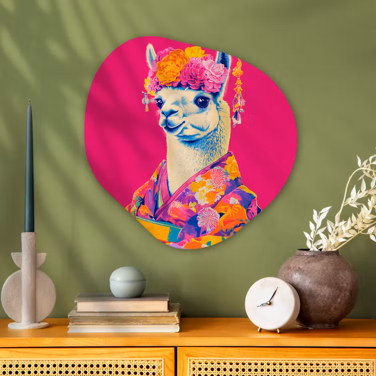 Lama - Kimono - Bloemenkrans - Felroze Wandcirkel Organisch Aluminium middel -sfeer2