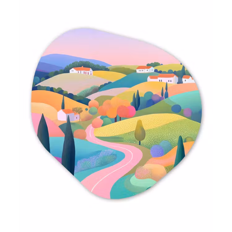 Landschap - Paars - Pastel - Huizen Wandcirkel Organisch Aluminium middel -3d