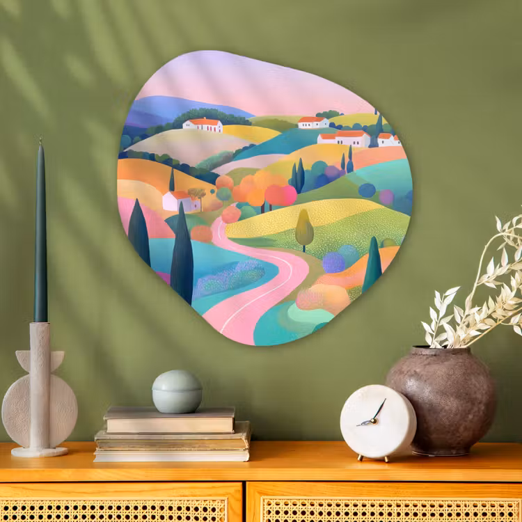 Landschap - Paars - Pastel - Huizen Wandcirkel Organisch Aluminium middel -sfeer2