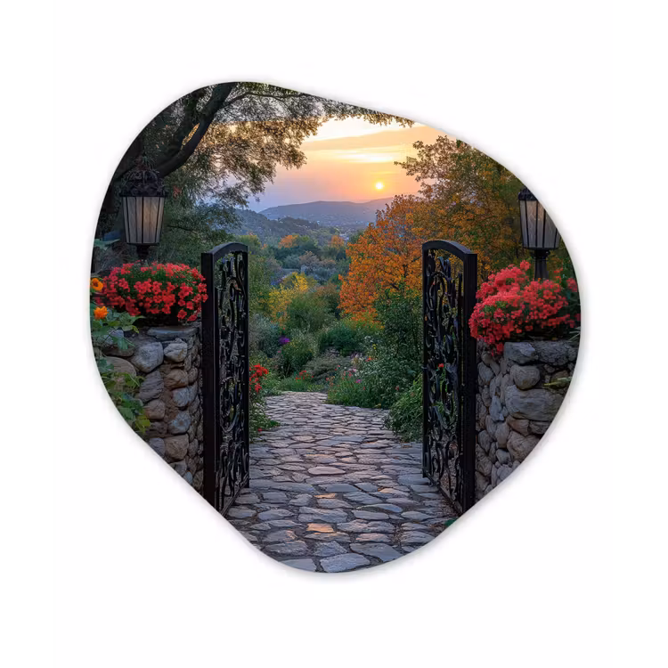 Landschap - Hek - Pad - Zonsondergang - Natuur Wandcirkel Organisch Aluminium middel -3d