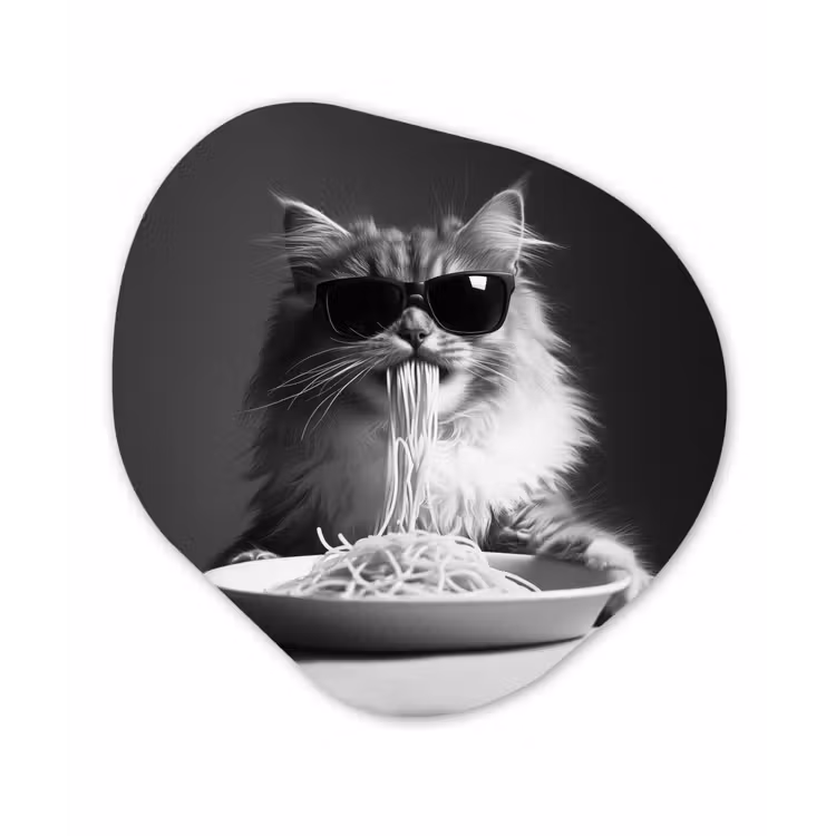 Langharige kat - Zonnebril - Spaghetti - Humor - Zwart - wit Wandcirkel Organisch Aluminium middel -3d