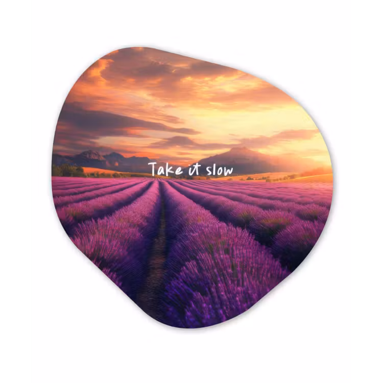 Lavendelveld - Quote - Zonsondergang Wandcirkel Organisch Aluminium middel -3d
