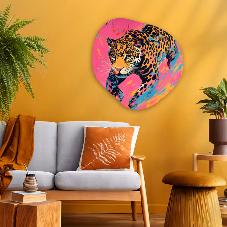 Luipaard - Roze - Oranje - Blauw - Verf Wandcirkel Organisch Aluminium middel -sfeer4