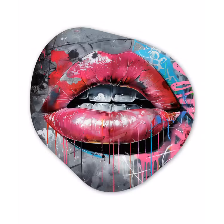 Lippen - Felroze - Graffiti - Verfstrepen Wandcirkel Organisch Aluminium middel -3d