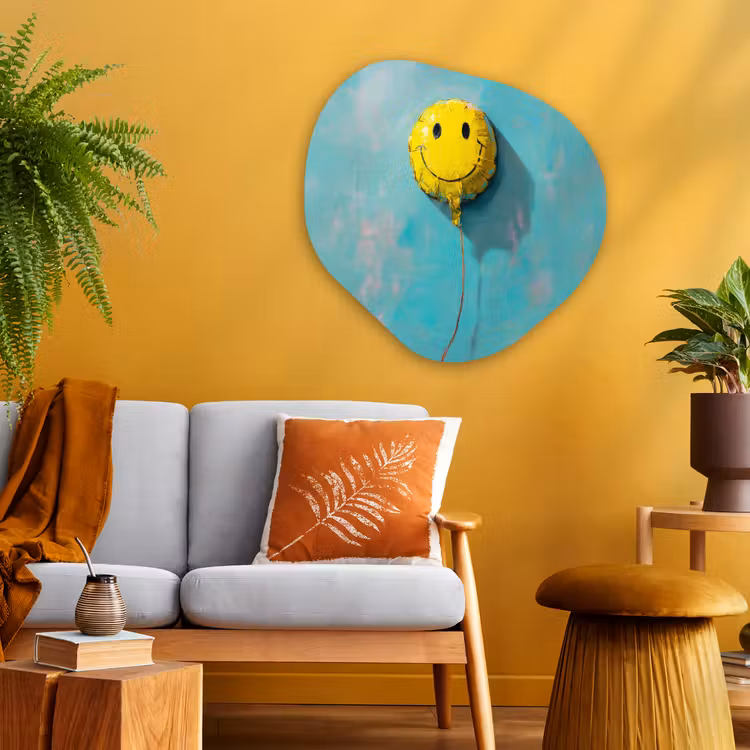 Ballon - Geel - Smiley Wandcirkel Organisch Aluminium middel -sfeer4