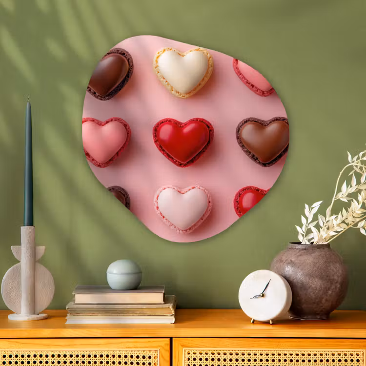 Macarons - Hartjes - Kleurrijk - Roze Wandcirkel Organisch Aluminium middel -sfeer2