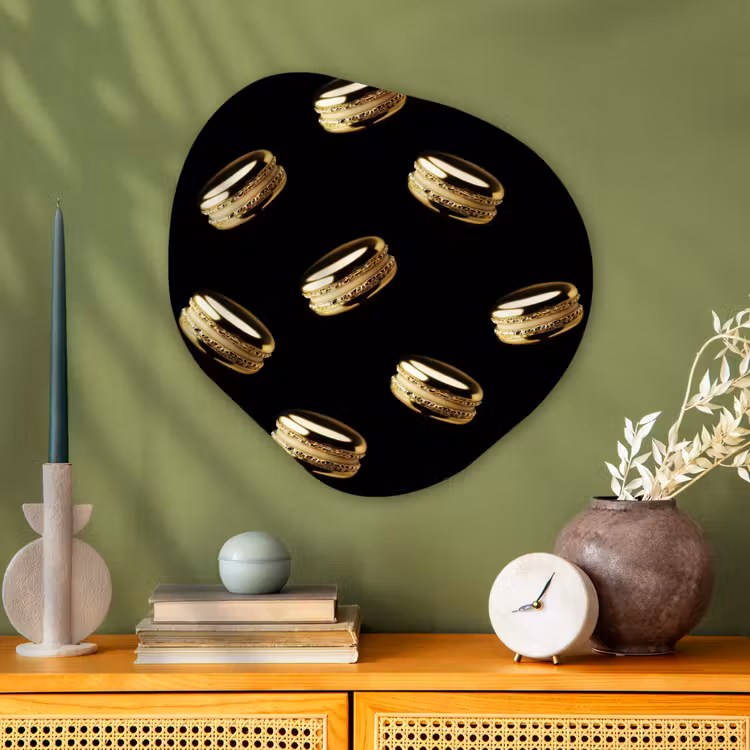 Macarons - Patroon - Goud - Zwart Wandcirkel Organisch Aluminium middel -sfeer2