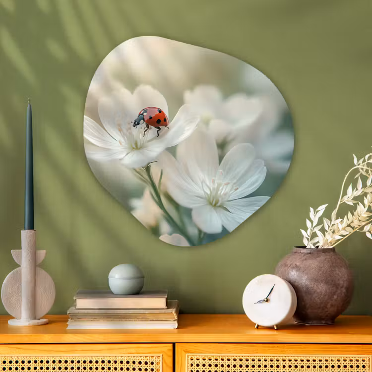 Lieveheersbeestje - Bloemen - Wit Wandcirkel Organisch Aluminium middel -sfeer2