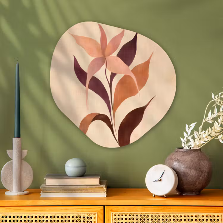 Minimalistisch - Bloem - Bladeren - Beige Wandcirkel Organisch Aluminium middel -sfeer2