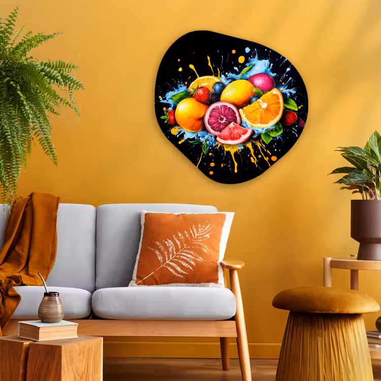 Fruit - Graffiti - Kleurrijk - Sinaasappel - Aardbei - Abstract Wandcirkel Organisch Aluminium middel -sfeer4