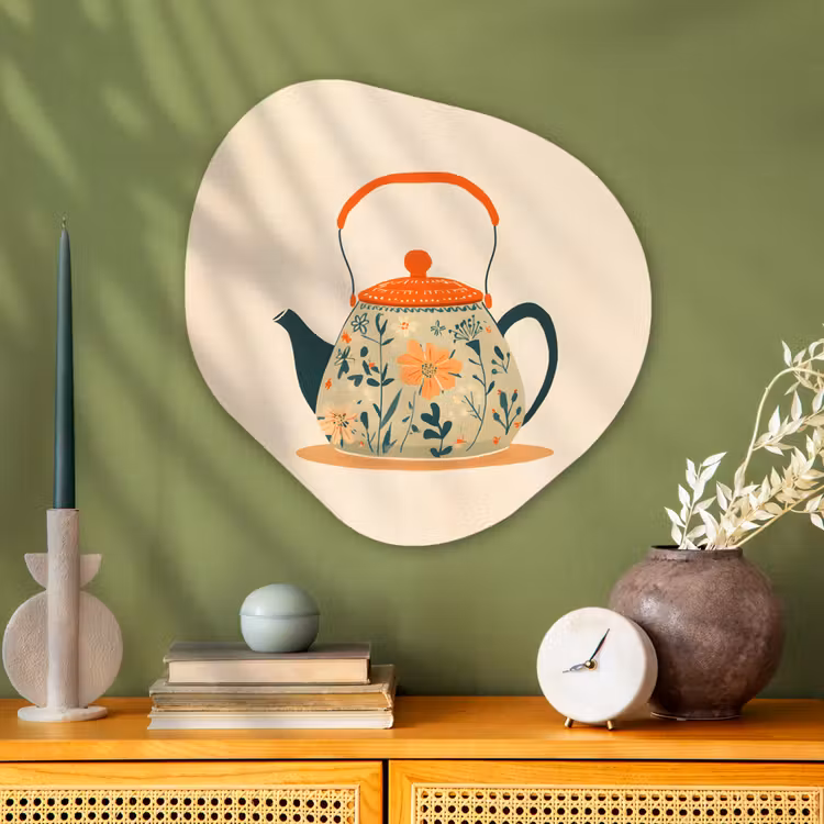 Oranje - Theepot - Bloemen - Bladeren Wandcirkel Organisch Aluminium middel -sfeer2