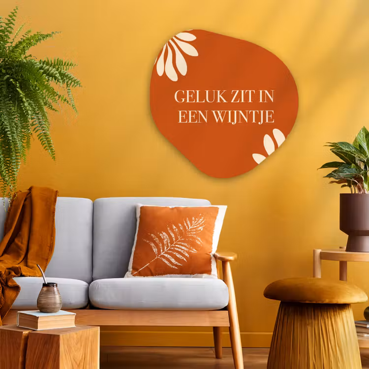 Oranje - Wijntje - Quote Wandcirkel Organisch Aluminium middel -sfeer4